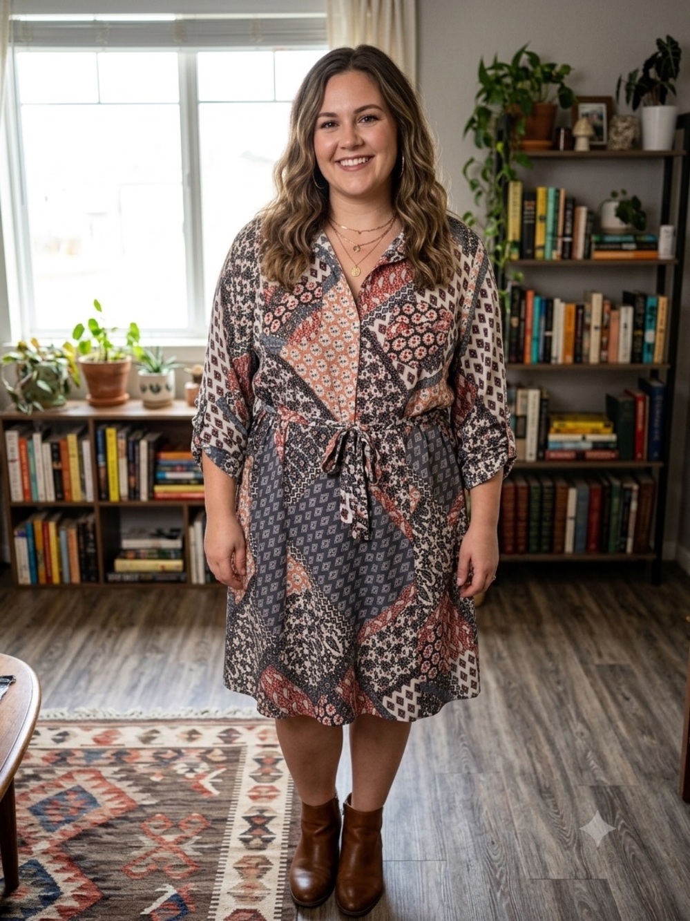 NY Collection Patchwork Midi Shirt Dress in Rust and Gray